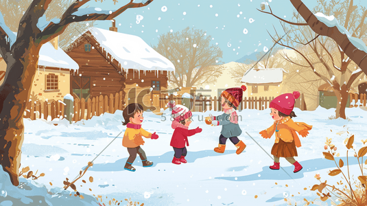 冬季手绘孩童嬉笑玩雪插画9