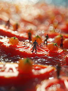 番茄豆花鱼插画图片_巨大的番茄片微缩场景插图