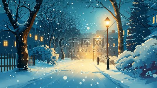 唯美冬天夜晚下雪房屋道路风景插图7