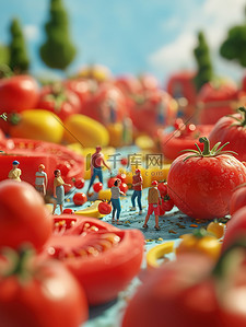 番茄豆花鱼插画图片_巨大的番茄片微缩场景插画素材