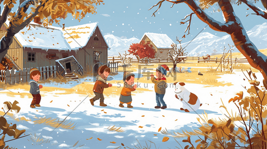 冬季手绘小孩雪地玩雪的插画19