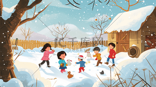 冬季手绘小孩雪地玩雪的插画6