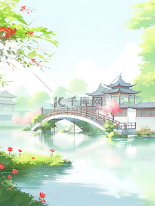 苏州春天插画图片_古色古香的江南小镇插画设计