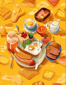 早餐鸡蛋插画图片_丰盛的早餐鸡蛋牛奶面包果酱健康插画