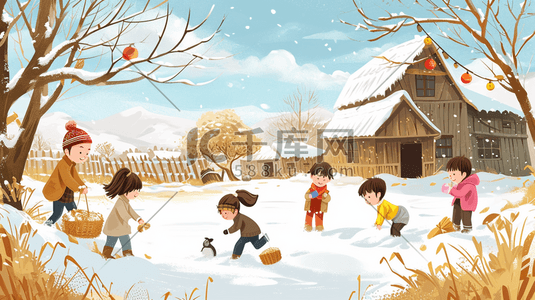 冬季手绘孩童嬉笑玩雪插画3