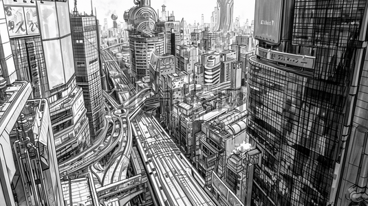 建设道路插画图片_黑白色手绘现代城市建设插画1