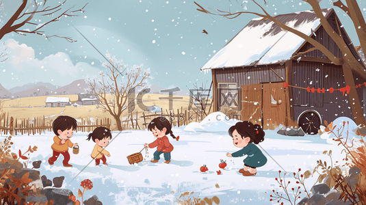 冬季手绘小孩雪地玩雪的插画1