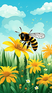 春季野花插画图片_小草一朵野花卡通有蜜蜂插画