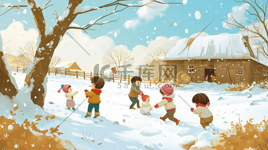 冬季手绘小孩雪地玩雪的插画20