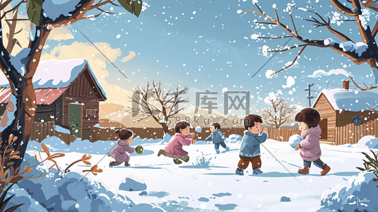 玩雪插画图片_冬季手绘孩童嬉笑玩雪插画6