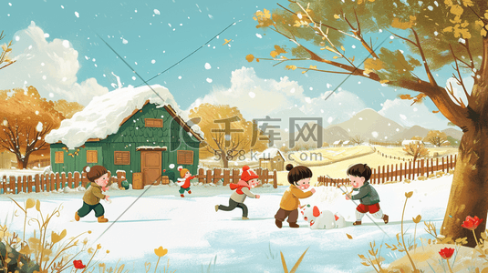 冬季手绘孩童嬉笑玩雪插画11