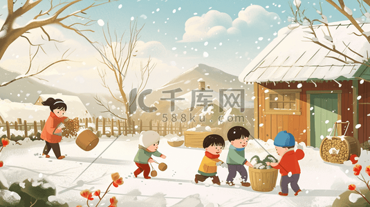 冬季手绘孩童嬉笑玩雪插画10
