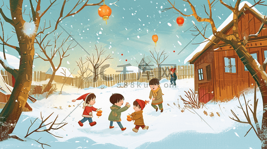 冬季手绘小孩雪地玩雪的插画10