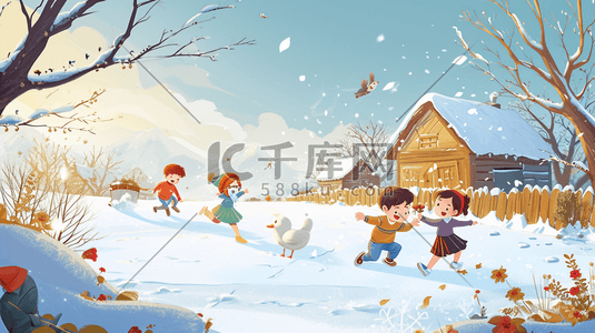 冬季手绘小孩雪地玩雪的插画13