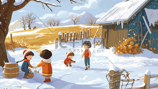 玩雪的插画图片_冬季手绘小孩雪地玩雪的插画8