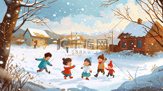 玩雪的插画图片_冬季手绘小孩雪地玩雪的插画22