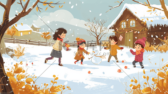 玩雪插画图片_冬季手绘孩童嬉笑玩雪插画5