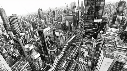 建设道路插画图片_黑白色手绘现代城市建设插画6