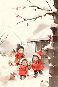 冬天可爱孩子庭院玩耍新年手绘插画