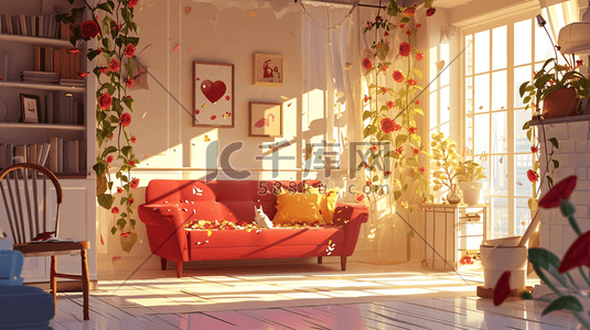 红色沙发沙发插画图片_室内阳光唯美温馨插画1