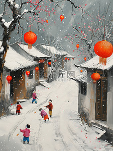 童年绘画插画图片_春节乡村的节日气氛童年插画图片
