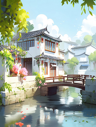 下载原图插画古色古香的江南小镇插图下载png下载ai个人vip和企业vip