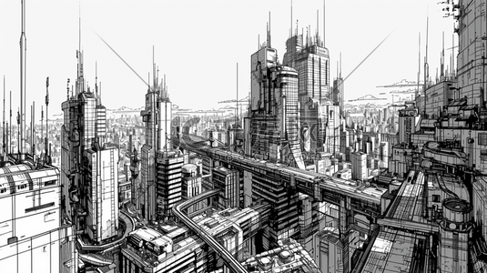 建设道路插画图片_黑白色手绘现代城市建设插画2