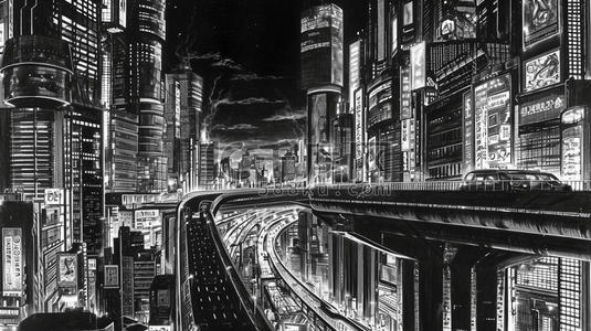 黑白色手绘现代城市建设插画7