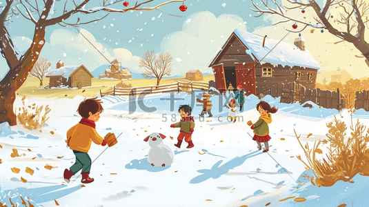 冬季手绘孩童嬉笑玩雪插画4