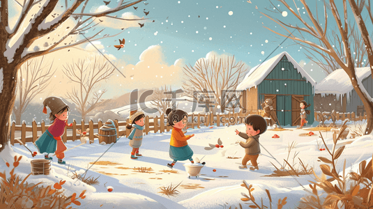 小孩滚雪球插画图片_冬季手绘小孩雪地玩雪的插画9