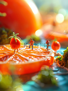 番茄豆花鱼插画图片_巨大的番茄片微缩场景图片