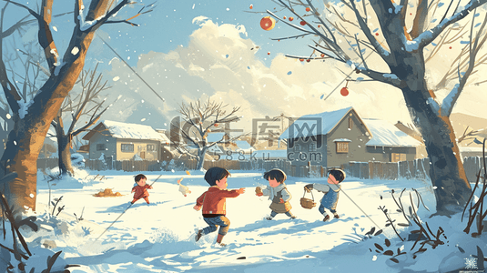 小孩滚雪球插画图片_冬季手绘小孩雪地玩雪的插画5