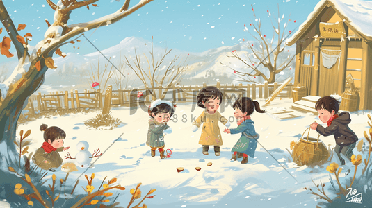 玩雪插画图片_冬季手绘孩童嬉笑玩雪插画7