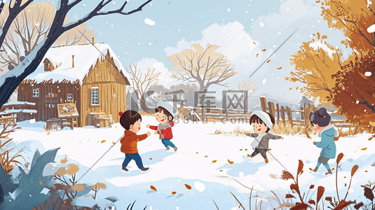 玩1插画图片_冬季手绘孩童嬉笑玩雪插画1