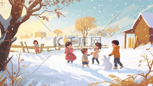 玩雪插画图片_冬季手绘小孩雪地玩雪的插画7