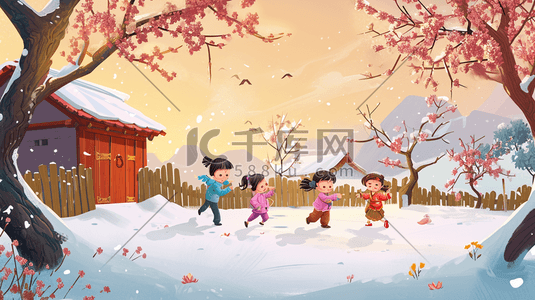 冬季手绘小孩雪地玩雪的插画14