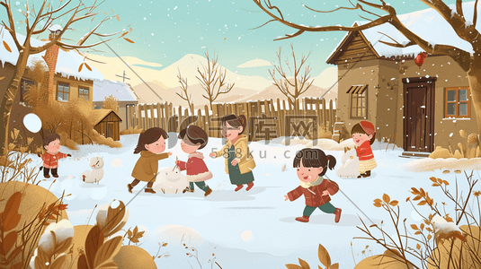 玩雪插画图片_冬季手绘孩童嬉笑玩雪插画8
