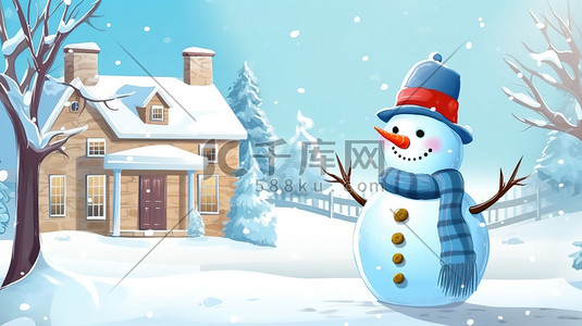 冬天下雪房子前的雪人插画