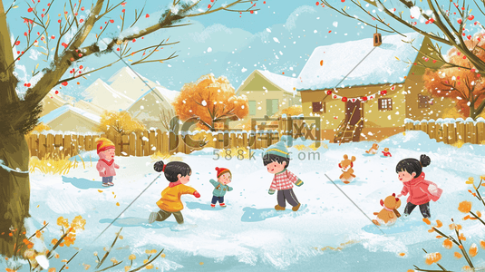 冬季手绘孩童嬉笑玩雪插画2