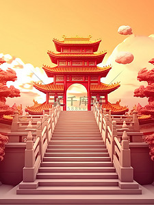 年货风海报插画图片_楼梯中国建筑年货海报插图