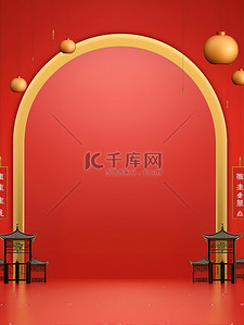 红色大气背景插画图片_中国建筑新年大红色背景原创插画