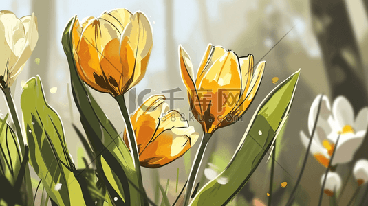 春季叶子花朵插画图片_彩色春季自然盛开的花朵插画1