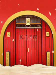 中国建筑新年大红色背景原创插画