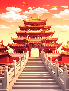 年货春节插画图片_楼梯中国建筑年货海报素材