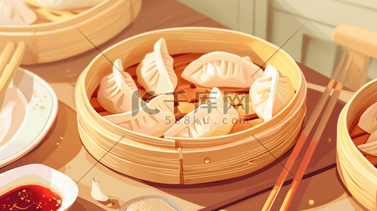 业绩蒸蒸日上插画图片_手绘中国美食蒸饺蒸包的插画10