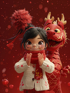 背景设计中国插画图片_迎接新年可爱女孩和龙插画设计