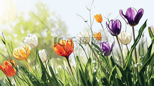 彩色春季自然盛开的花朵插画16