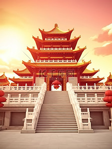 海报年货插画图片_楼梯中国建筑年货海报插画