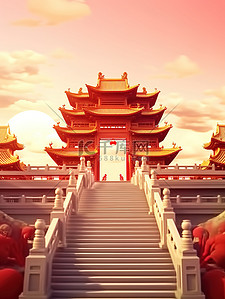 楼梯中国建筑年货海报原创插画