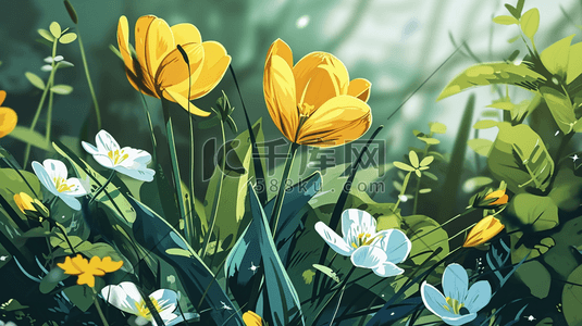 春季叶子花朵插画图片_彩色春季自然盛开的花朵插画24